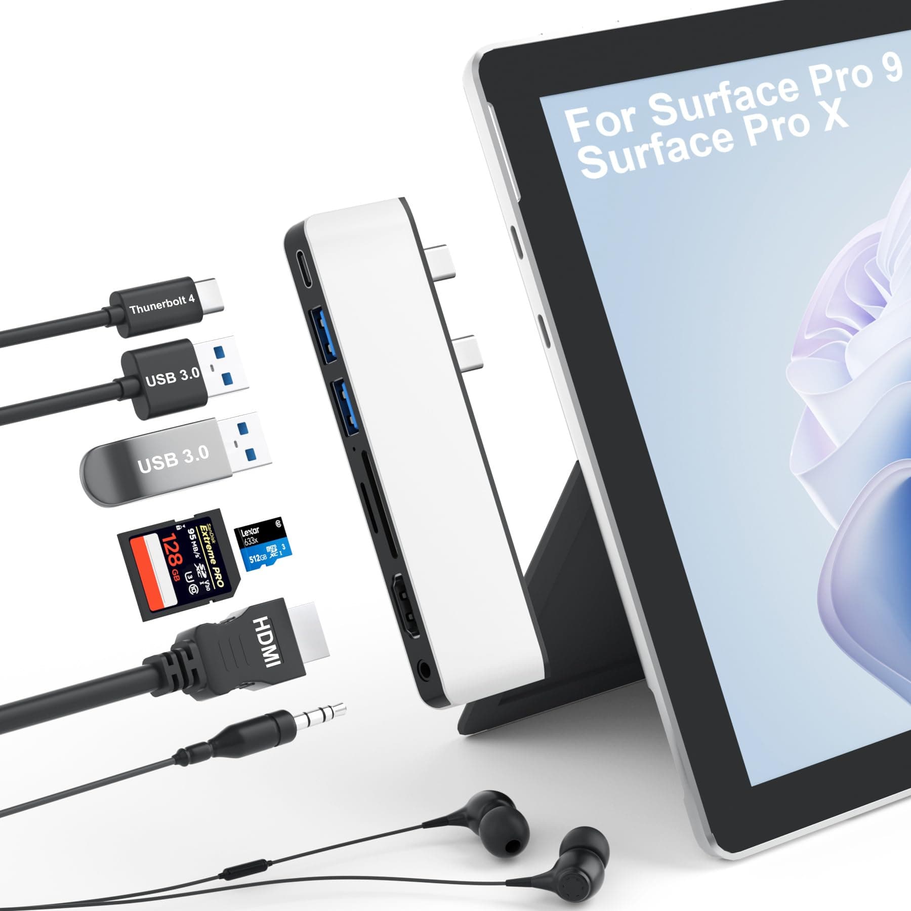 Surface Docking Station, 7-in-1 Triple Display Hub for Surface Pro 9/Pro X with 4K HDMI + 8K Video Display, USB-C Thunderbolt 4 (40G Data + 100W Charge), 3.5mm Audio