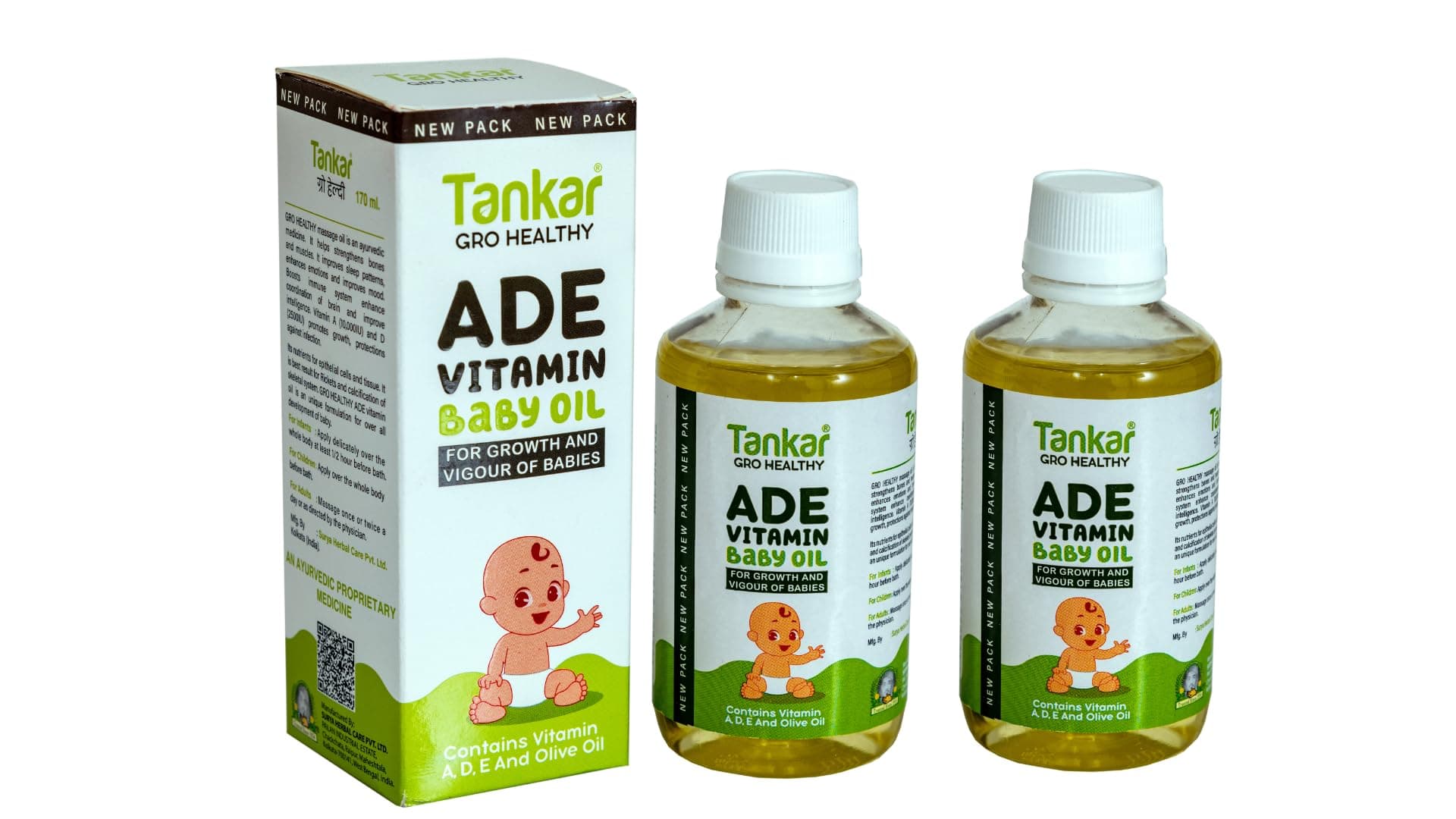 Tankar ADE Vitamin Baby Massage Oil for New Born, 100ml - With Vitmain A,D, E, & Olive Oil - 100% Natural & Ayurvedic Body Oil for Massage - For Healthy Skin, Bones, & Muscles - For All Skin Type (Pack of 2 )
