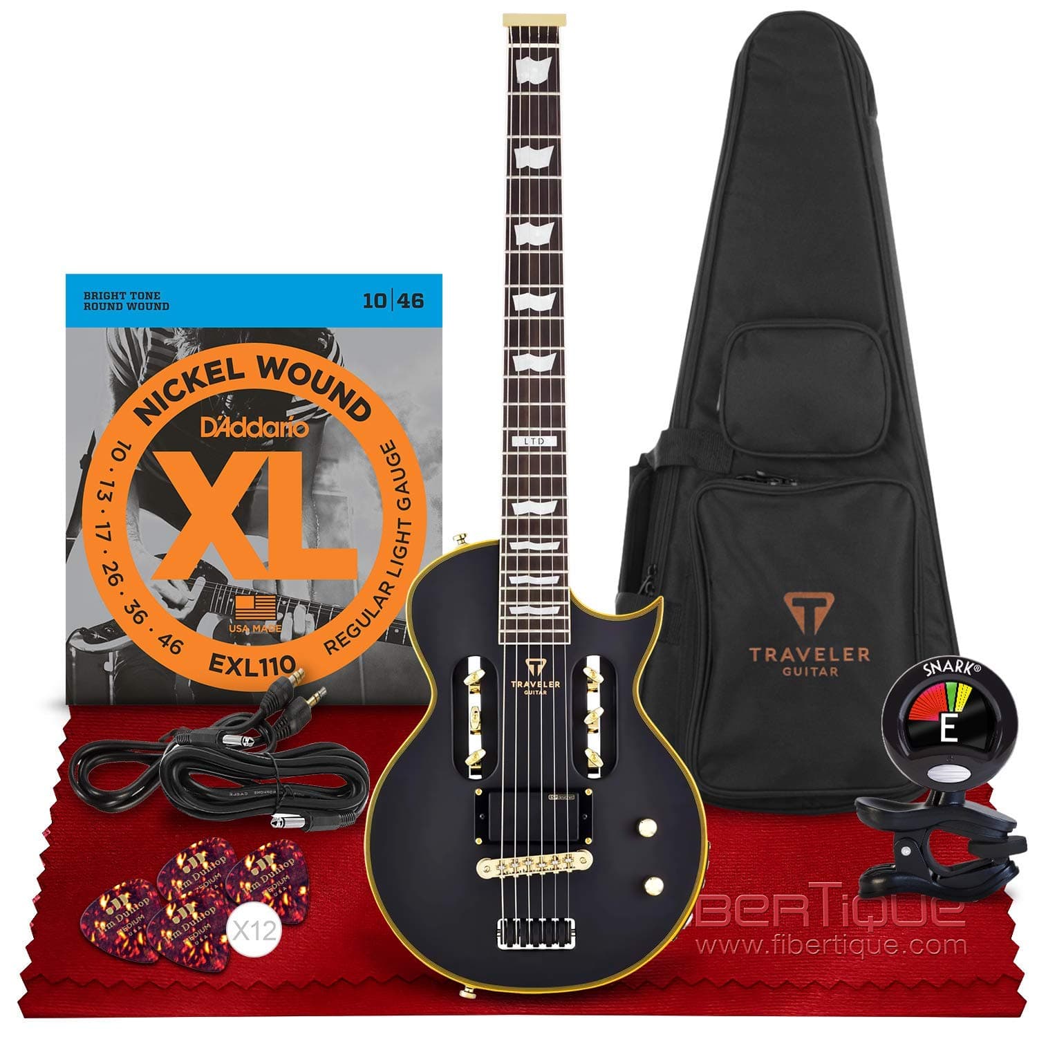 Traveler Guitar LTD EC-1 Electric Guitar (Vintage Black) (EC1 VBKM) + Clip-On 360° Rotating Tuner, Guitar Strings, Guitar Strap, Guitar Picks, Cable Kit & Fibertique Cleaning Cloth