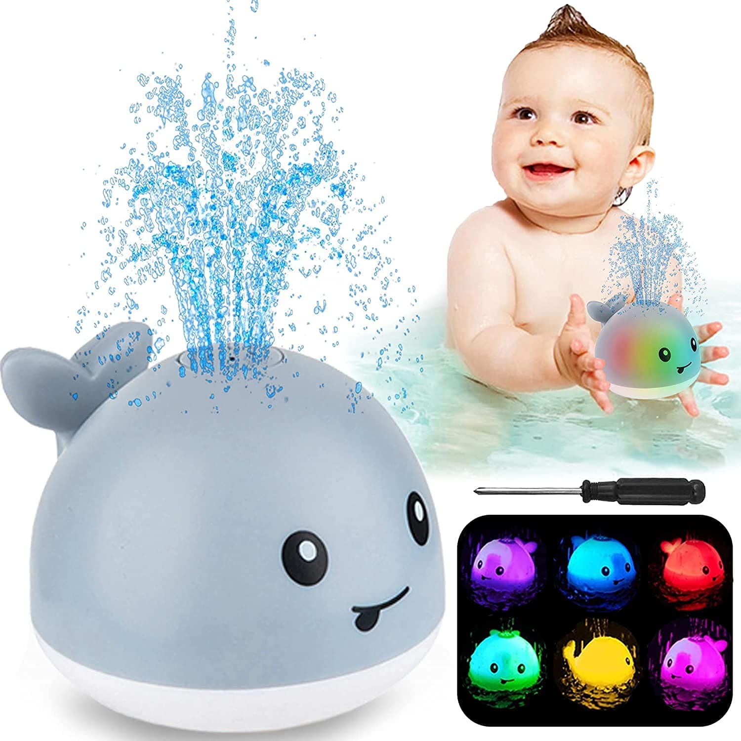 Pritzker Baby Bath Toys, Pritzker Automatic Induction Sprinkler Bathtub Shower Toys, 7 Colors LED Light Whale Bathtub Shower Toys for Toddlers Kids Boys Girls, Pool Bathroom Toy for Baby (Gray)