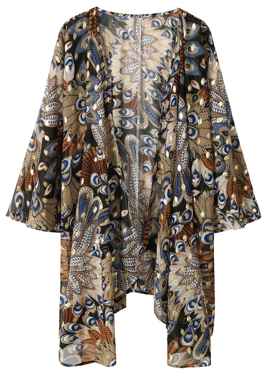 olrainWomen's Floral Print Sheer Chiffon 3/4 Bat Sleeve Casual Loose Kimono Cardigan Capes
