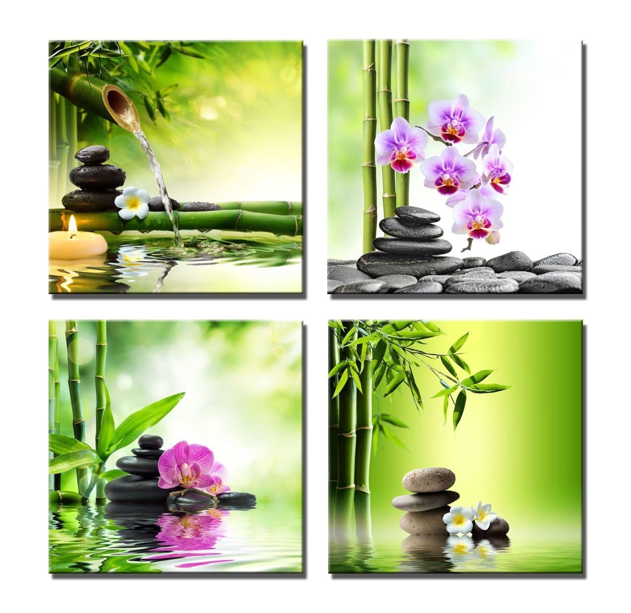 iPainting Vibrant Spa Themed Wall Art Green Bamboo Flowers Massage Stones Canvas Paintings Framed-4 Panel