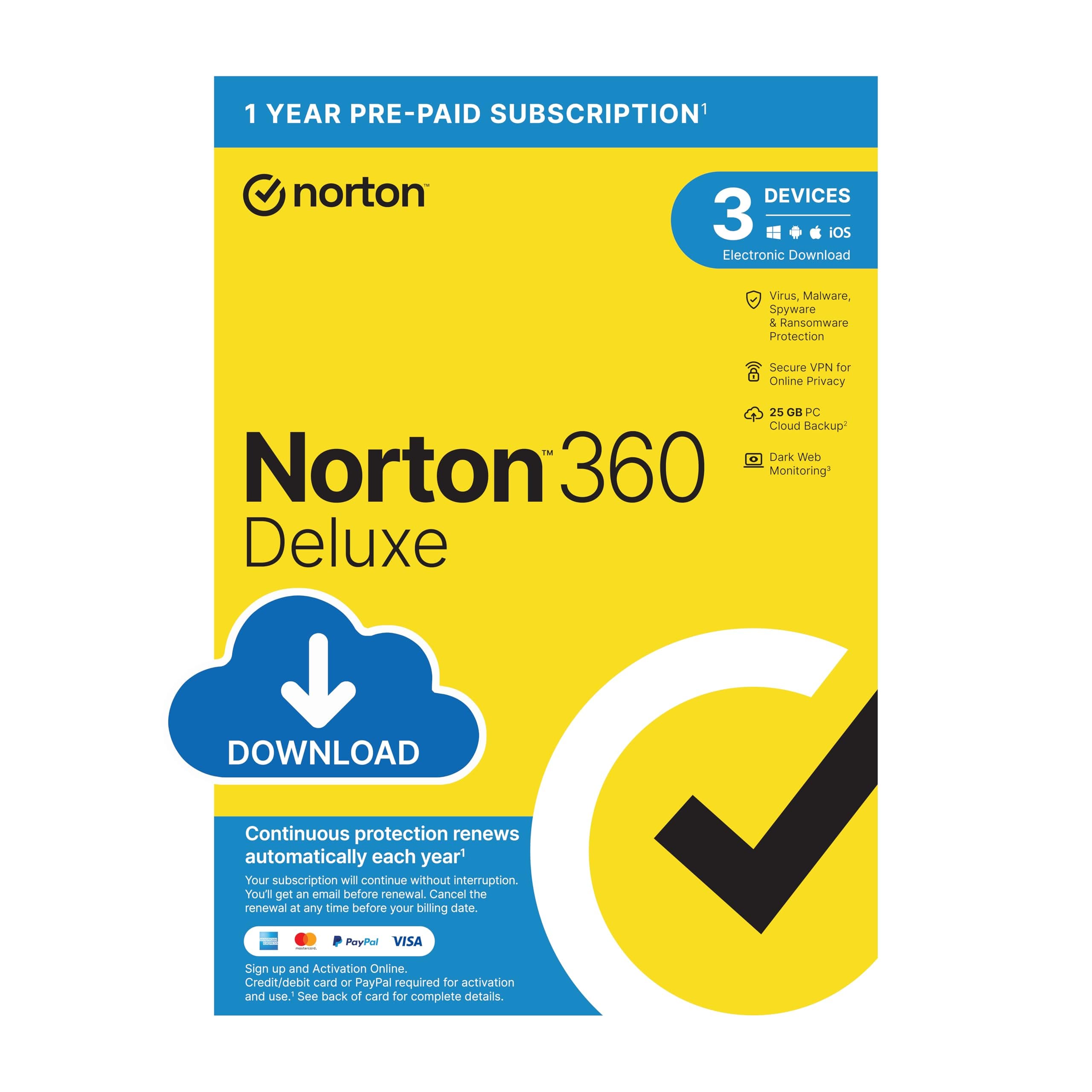 Norton 360 Deluxe 2023, Antivirus Software for 3 Devices and 1-Year Subscription with Automatic ‎Renewal, Includes Secure VPN and Password Manager, PC/Mac/iOS/Android, Activation Code by email