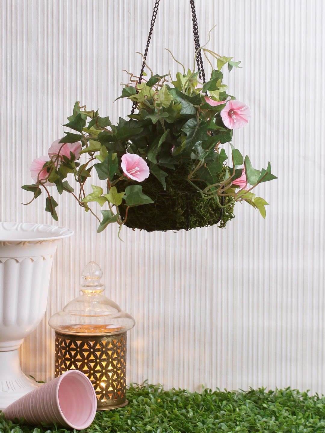 Fourwalls Decorative Polyester Artificial Morning Glory Plant with Hanging Basket (40 cm, Pink, HANGING 23 CM MORNING GLORY/1580/PK)