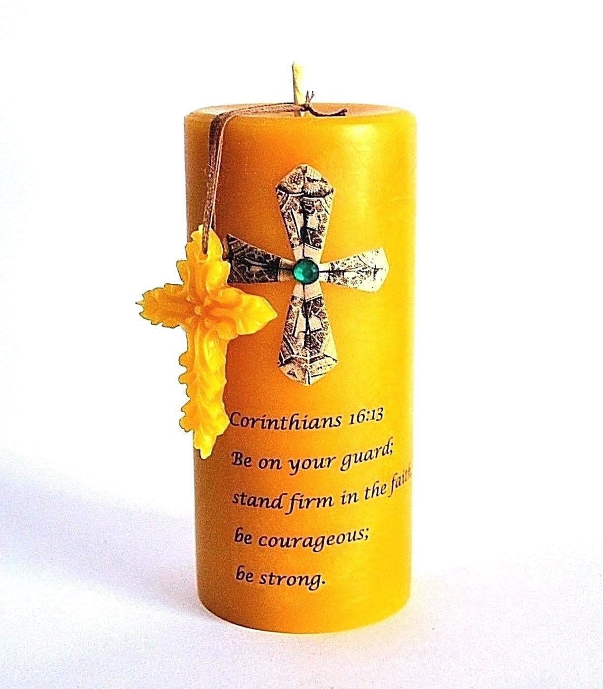 decorative pillar beeswax candle inspiration quote Bible prayer