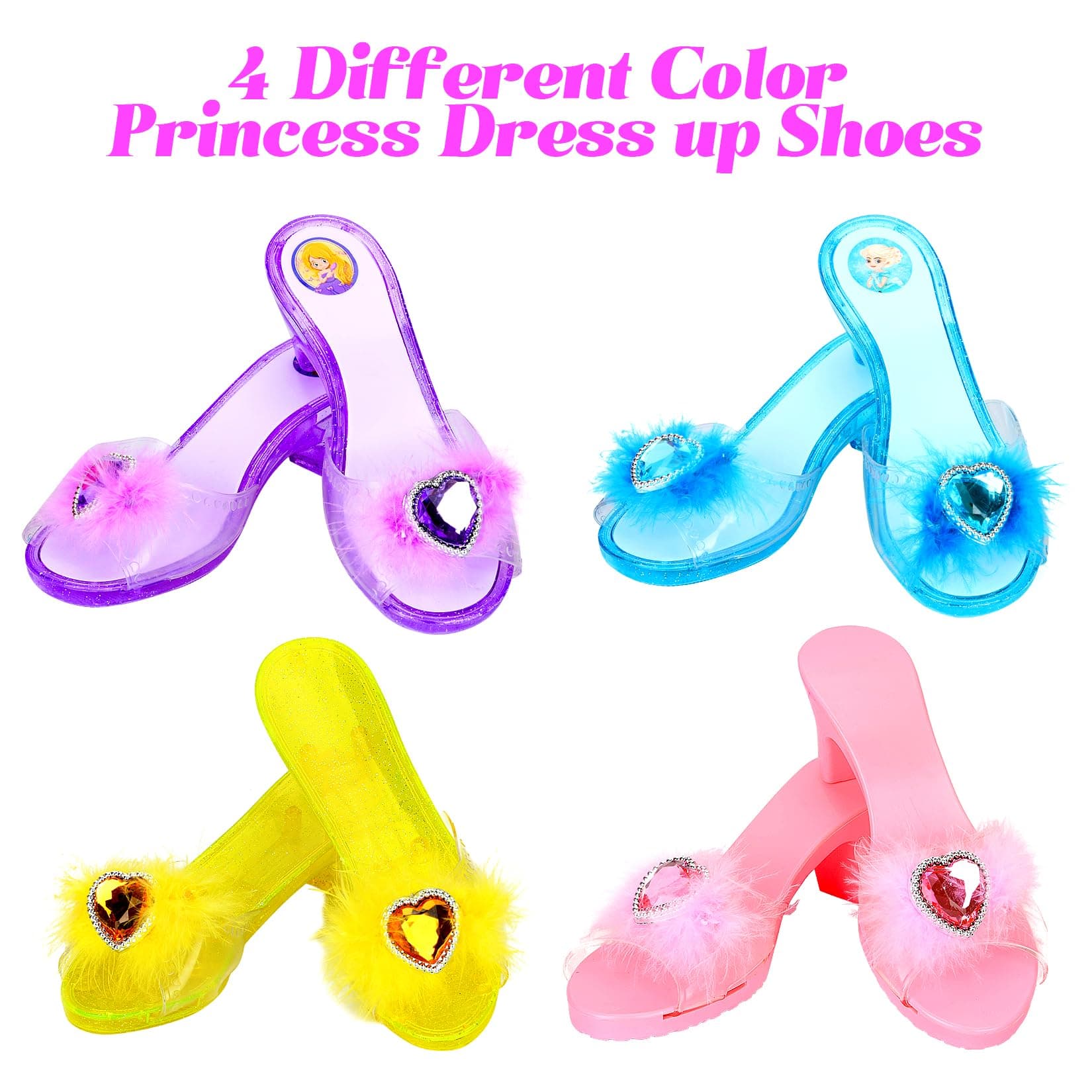 Princess Dress Up Shoes Set for Girls Role Play Dress Up Toys Toddler Pretend Jewelry Boutique Kit Gift Set for Little Girls 3-6 Years Old 4 Pairs Shoe Kit with Princess Accessories
