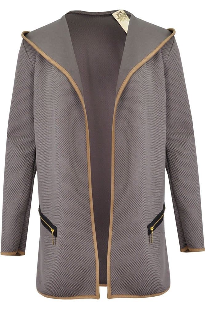 ONLINE FASHION STORE NEW MOCHA HOODED ZIP TRIM POCKET FRONT ELBOW PATCH LONG SLEEVED CARDIGAN JACKET