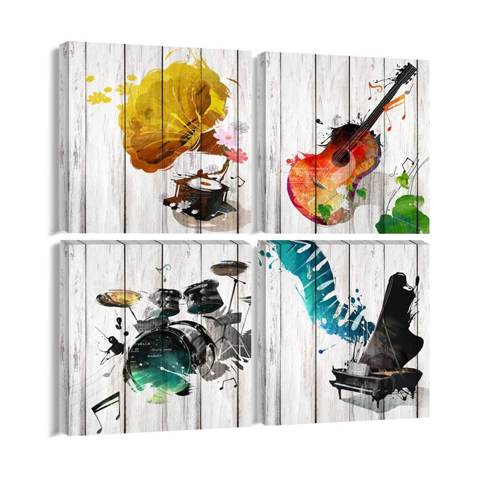 Canvas Wall Art Musical Instrument Painting Picture Prints Gift for Music Lover - 4 Panels Modern Home Decor for Living Room Bedroom Framed Ready to Hang-16"x16"x4Pcs