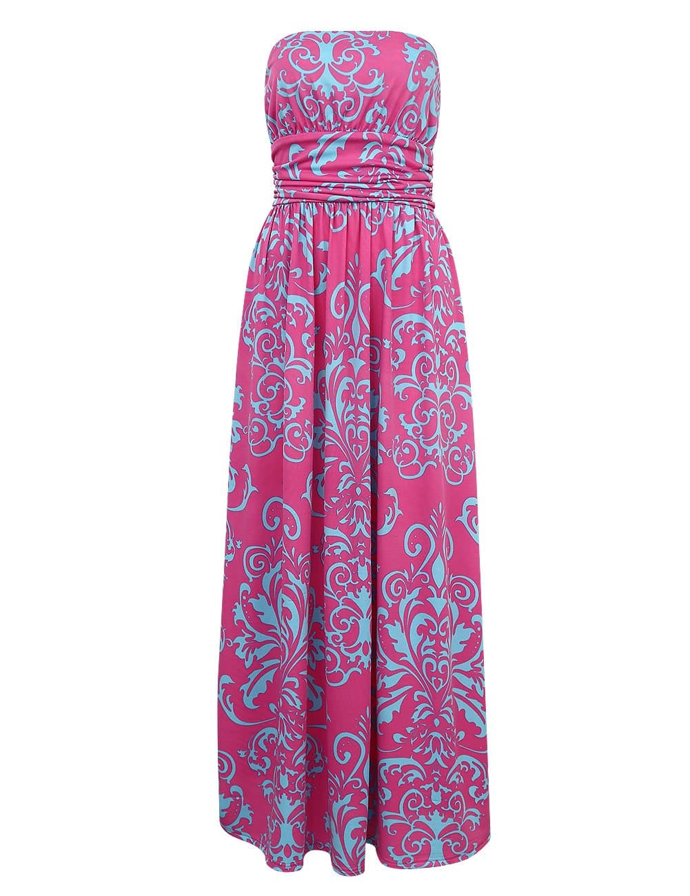 Women's Strapless Boho Floral Style Maxi Long Dress (Hot Pink, S)