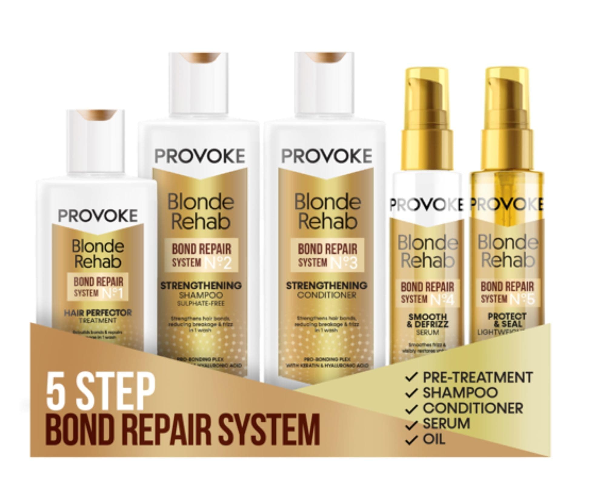PROVOKE Blonde Rehab Bond Repair System, 5 Steps Hair Perfector Treatment, Shampoo, Conditioner,Serum and Oil, Reverse Damage in 1 wash, formulated with Pro Bonding Complex,Keratin and Hyaluronic Acid