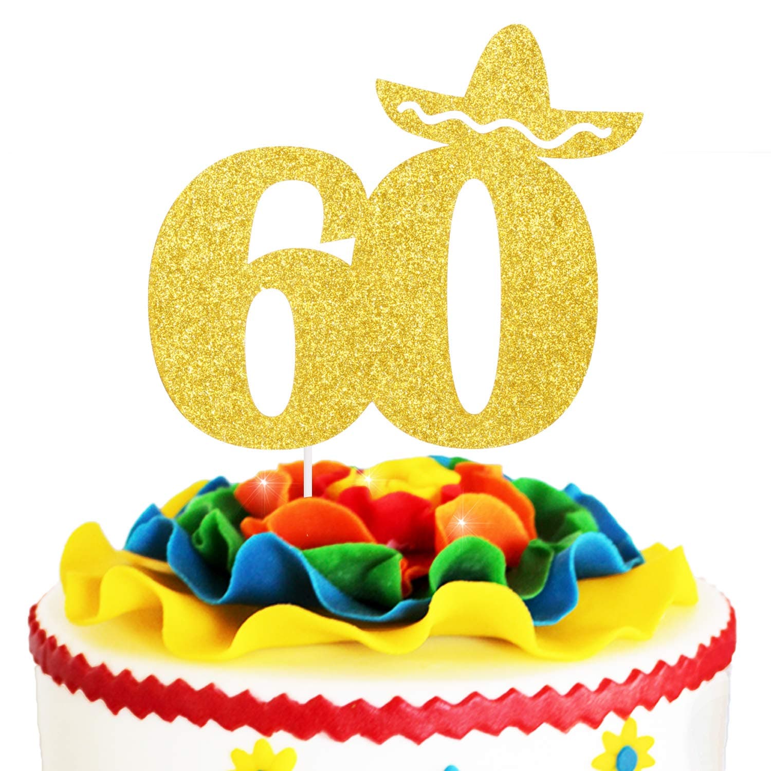 Fiesta 60th Birthday Cake Topper - Gold Glitter Mexican Summer Fiesta Cake Supplies - Cheers To Fabulous 60 - Sixty Days Anniversary Party Decoration