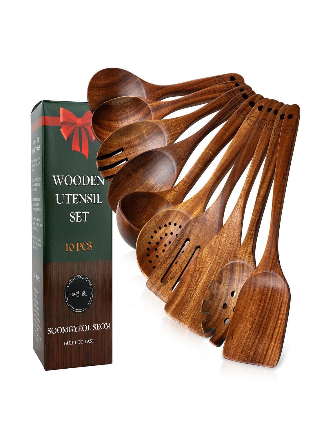 10-Piece Natural Teak Wood Utensil Set - Nonstick Cooking Spoons & Spatulas, Heat Resistant Kitchen Tools