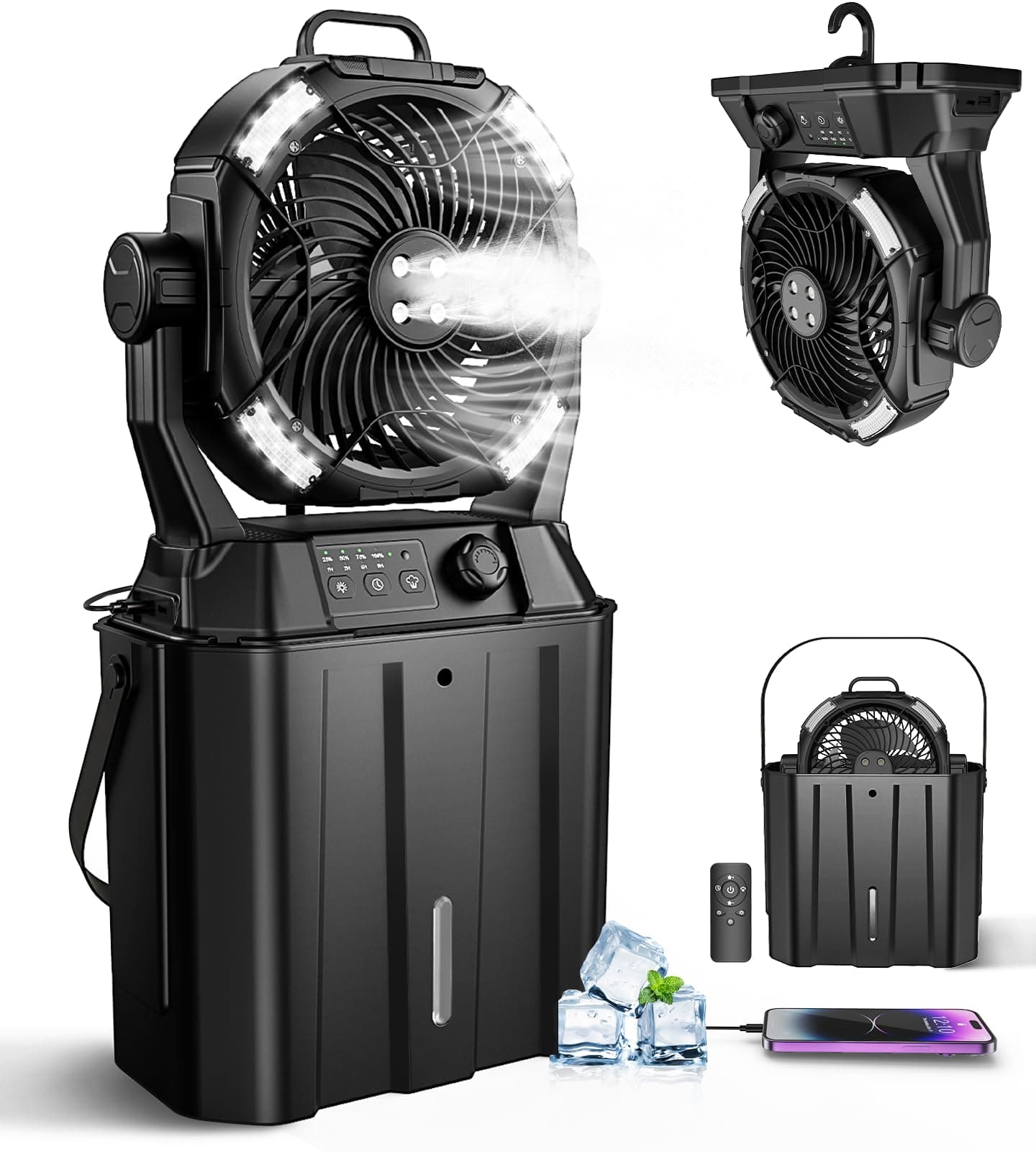 Misting Fan Portable for Outside, Camping Mister Cooling Fan for Outdoors Patios, Rechargeable Battery Operated Mist fans, 4 Spray Outlets, 3 Lights Modes, 4 Timer for Fishing/Golf/Garden/Party/Beach