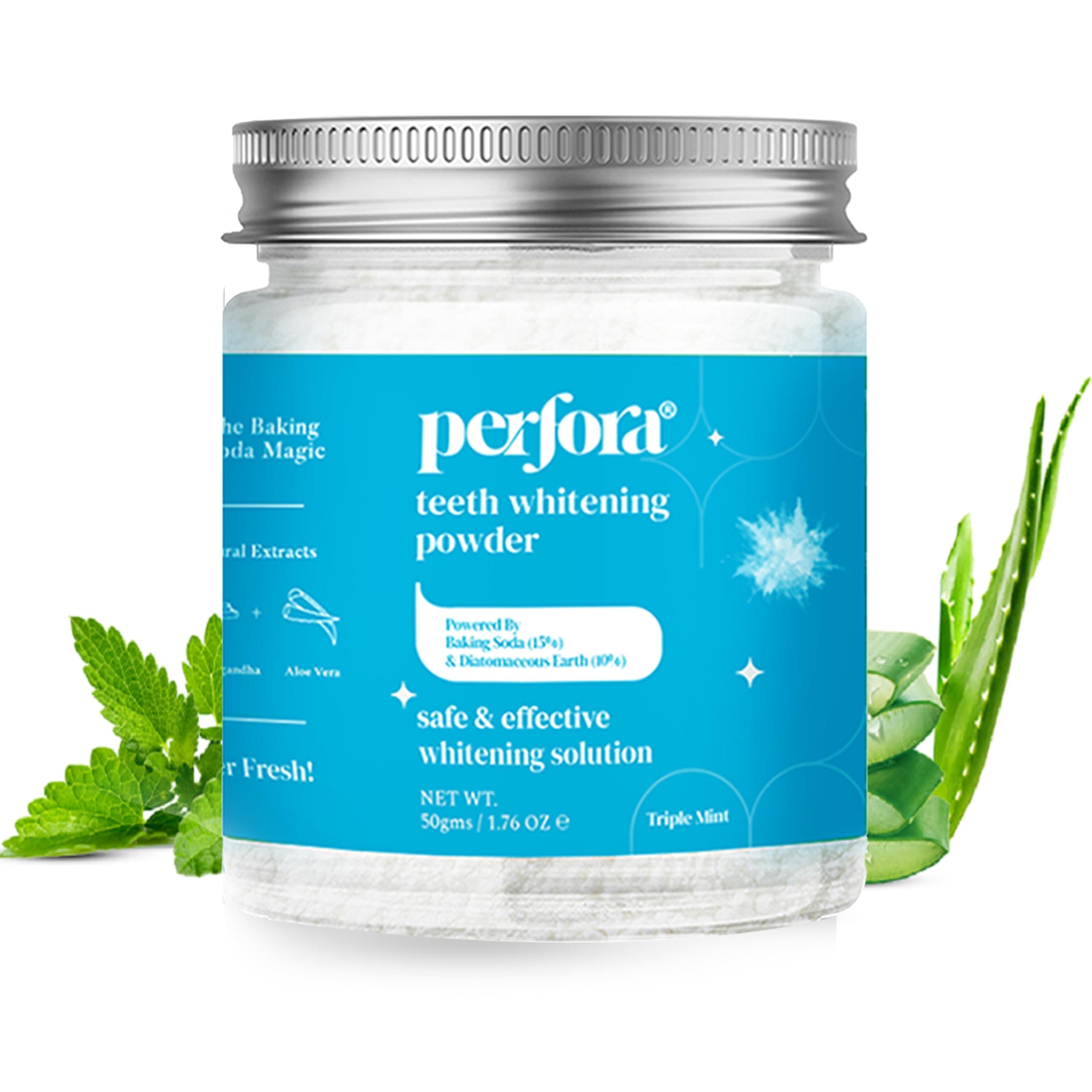 Perfora Teeth Whitening Powder - 50g | Enamel Safe Oral Care For Effective Teeth Whitener Solution | Stain Removal & Triple Mint Formula For Long Lasting Freshness | Formulated With Baking Soda