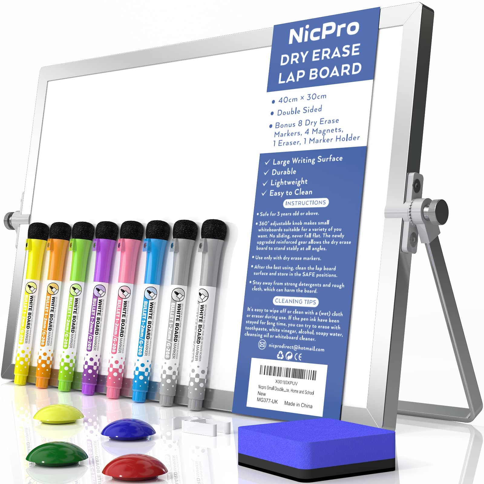 Nicpro Dry Erase Mini Whiteboard A3, 40 x 30 cm Double Sided Small Magnetic Desktop White Board with Stand, 8 Pens, 1 Eraser,4 Magnet, Portable Board Easel for Kids Students School Supplies Office