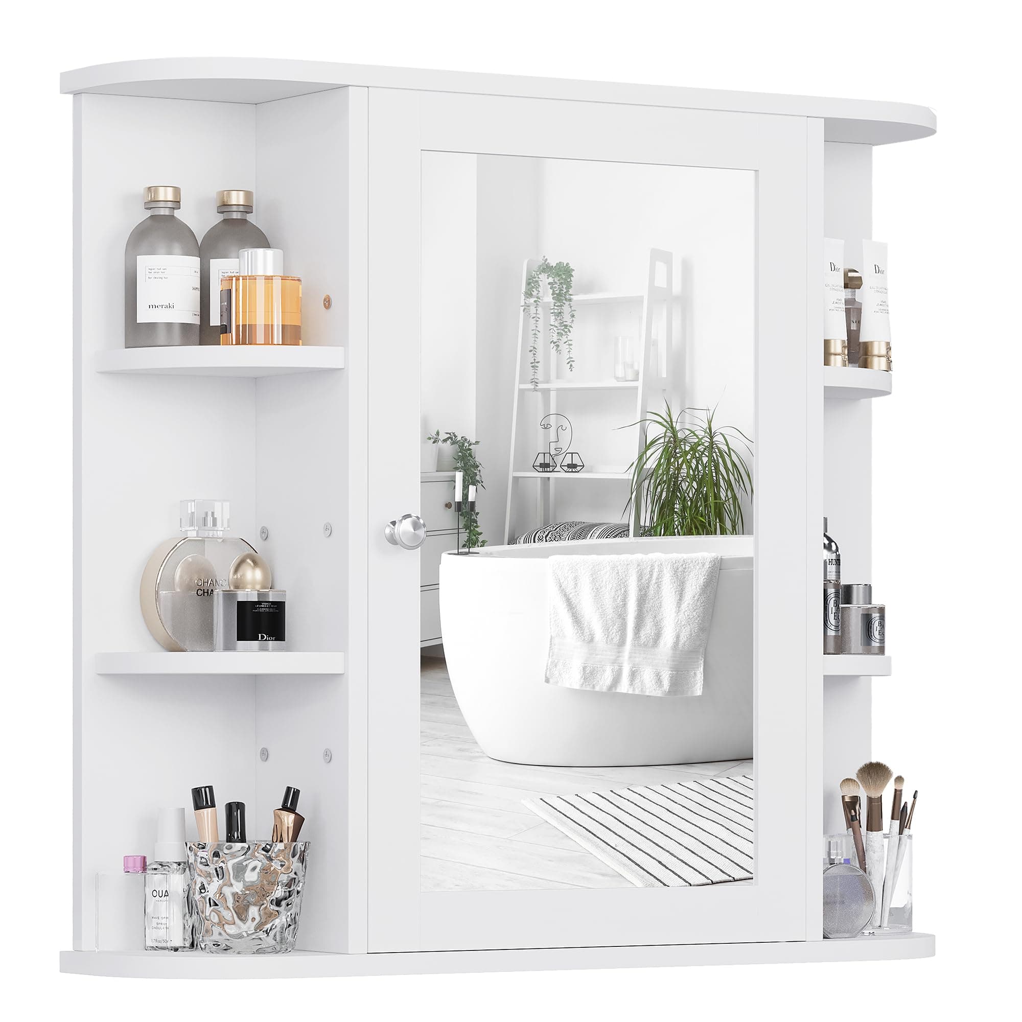 Bathroom Wall Cabinet with Mirror, Mounted Medicine Cabinets with 4 Internal and 6 Open Shelves, Mirrored Door Over The Toilet Storage, Solid White