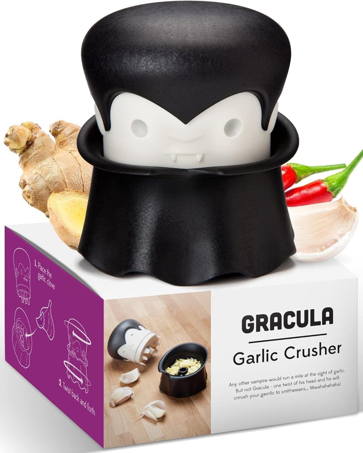 Gracula Garlic Press, Garlic Mincer, Garlic Peeler Crusher, Halloween Kitchen - Also for Ginger, Nuts, Chili, Herbs - Spooky Goth Gifts