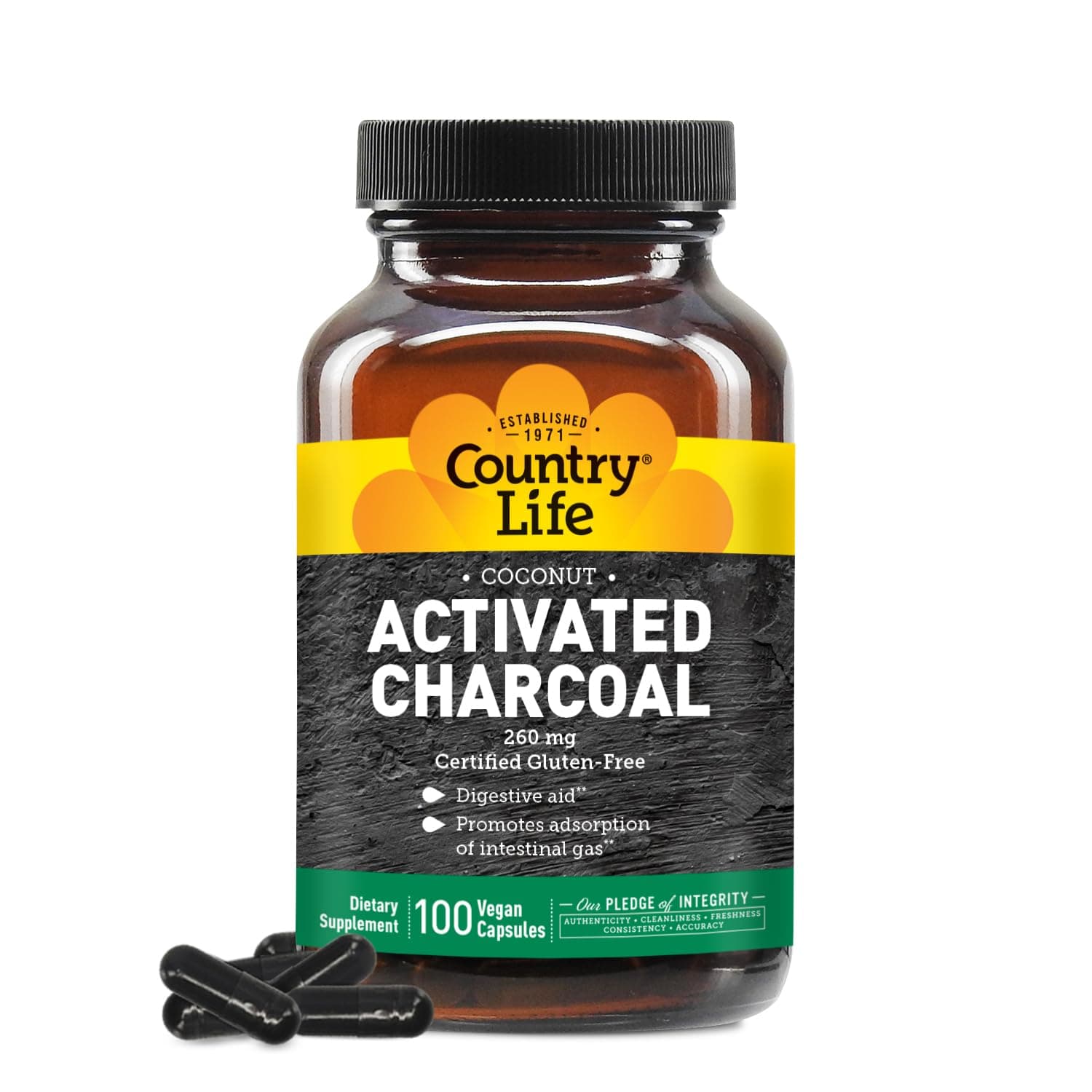 Coconut Activated Charcoal Capsules, 260mg – Natural Charcoal Supplement for Gas and Bloating Relief - Gluten-Free, 100 Vegan Capsules