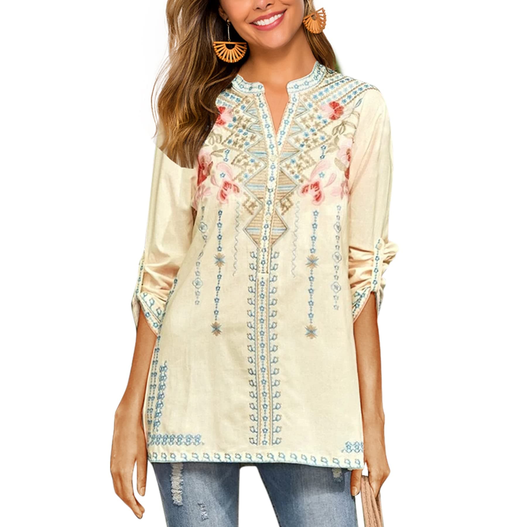 Women's Embroidered Tops Mexican Shirt V Neck Summer Casual Tops Peasant Tunic Loose Blouse
