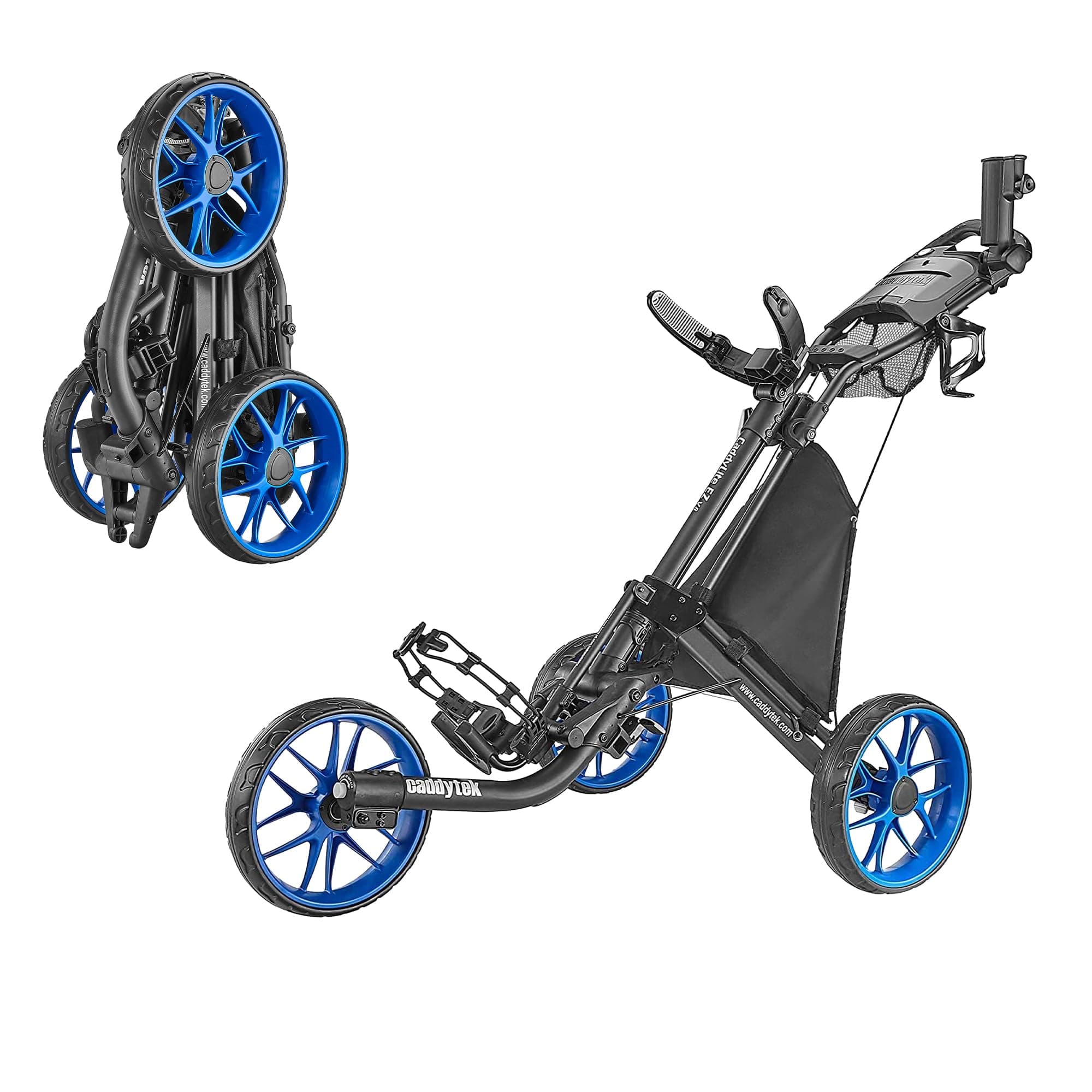 Caddytek CaddyLite EZ V8 Golf Push Cart - Lightweight 3 Wheel Foldable Cart with One-Click 2-Step Folding, EVA Wheels, Adjustable Handle, Cooler Basket, Umbrella & Drink Holder, Compact Golf Cart