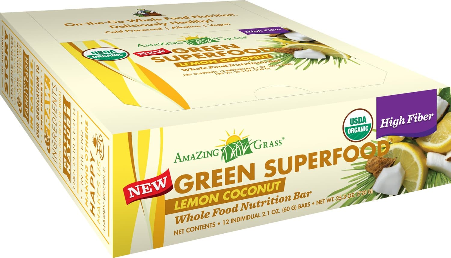 Amazing Grass Whole Food Nutrition Bar, Lemon Coconut - High Fiber, 2.1 Ounce, Box of 12 bars
