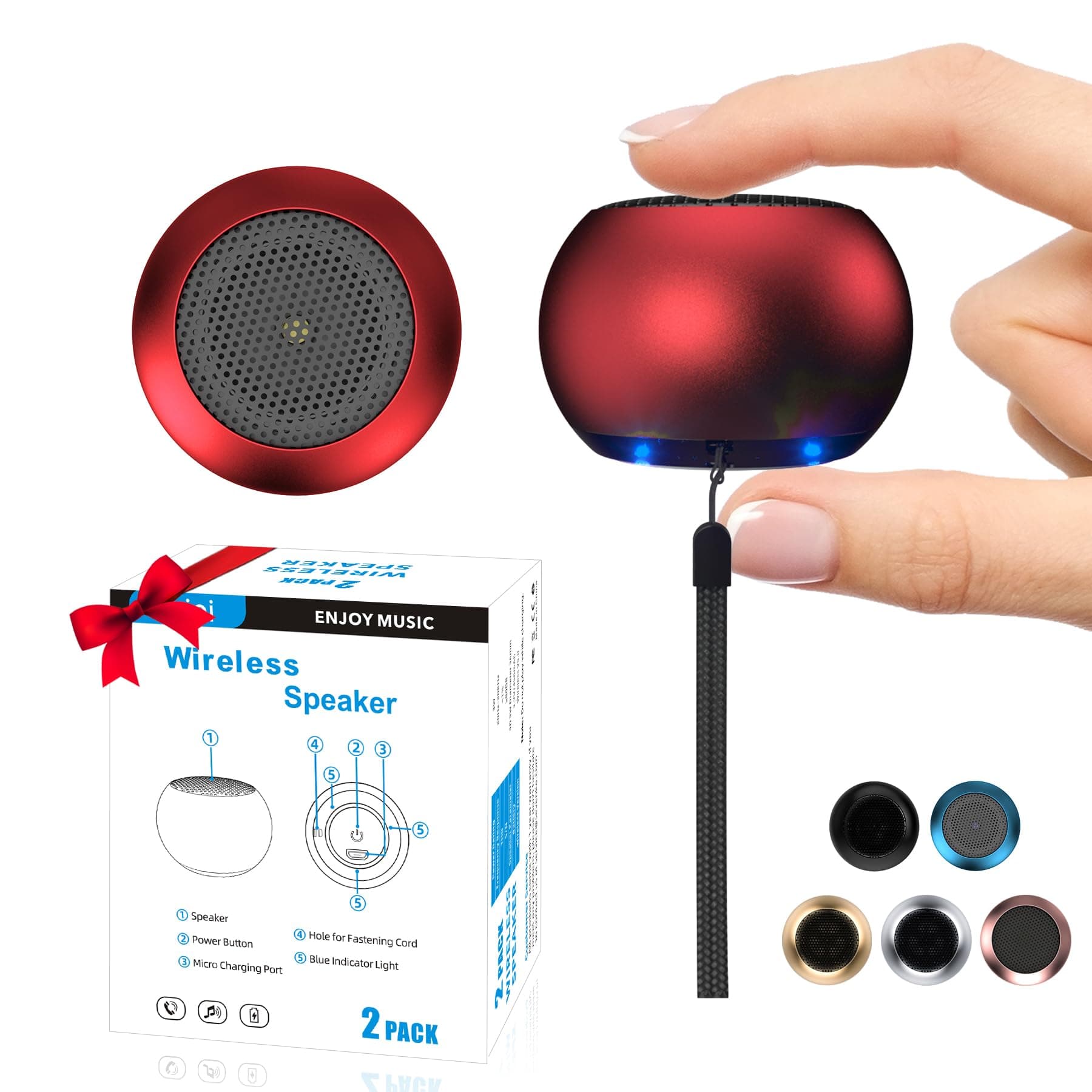 2Pack Portable Mini Speaker, Bluetooth Tiny Speaker,Wireless Micro Speaker for Phone/PC/Tablet, Rechargeable Battery, Built-in Microphone, Cute Mini Speaker with Strap to Carry, Red