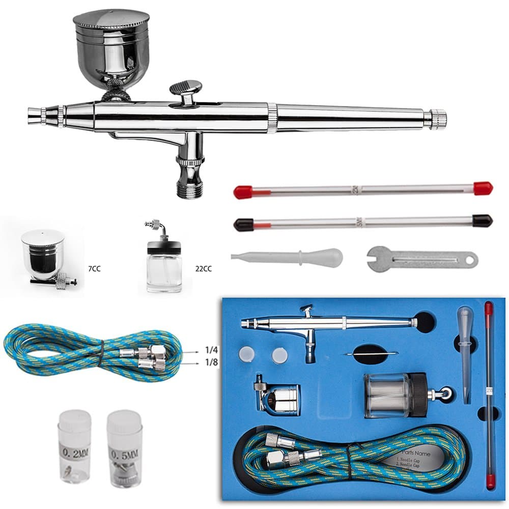 Toechmo Airbrush Kit Dual Action Air Brush Kit Spray Gun Air Hose with 0.2mm/0.3mm/0.5mm Needle for Tattoo, Cake Decorating, Nail Beauty, Painting-004
