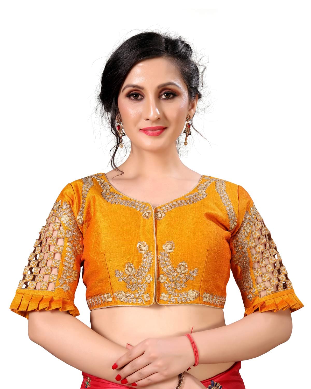 FAB DADU Women's Orange Phantom Silk Blouse with Round Neck