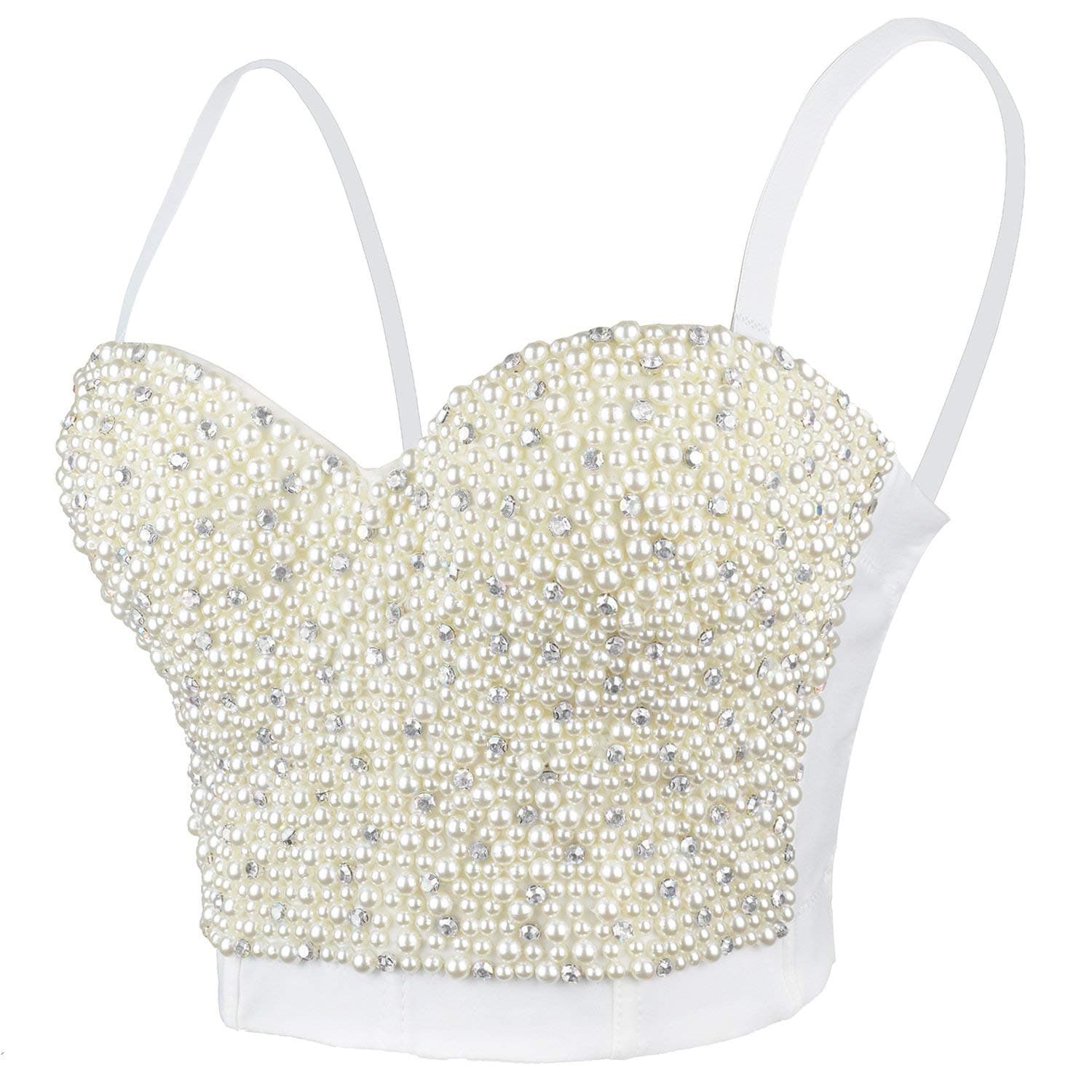 ELLACCI White Pearls Beaded Rhinestone Bustier Crop Top Push up Corset Top