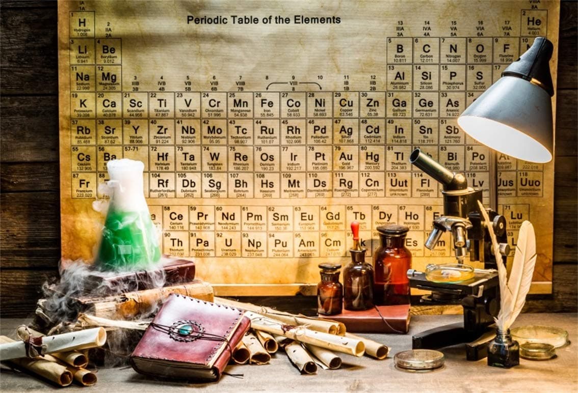 Leyiyi 5x3ft Vintage Chemistry Lab Backdrop Rustic Wooden Cottage Retro Maps Chemist Microscope Retro Periodic Elements Table Quil Photo Background Cowboy Kids Portrait Studio Prop Vinyl Banner