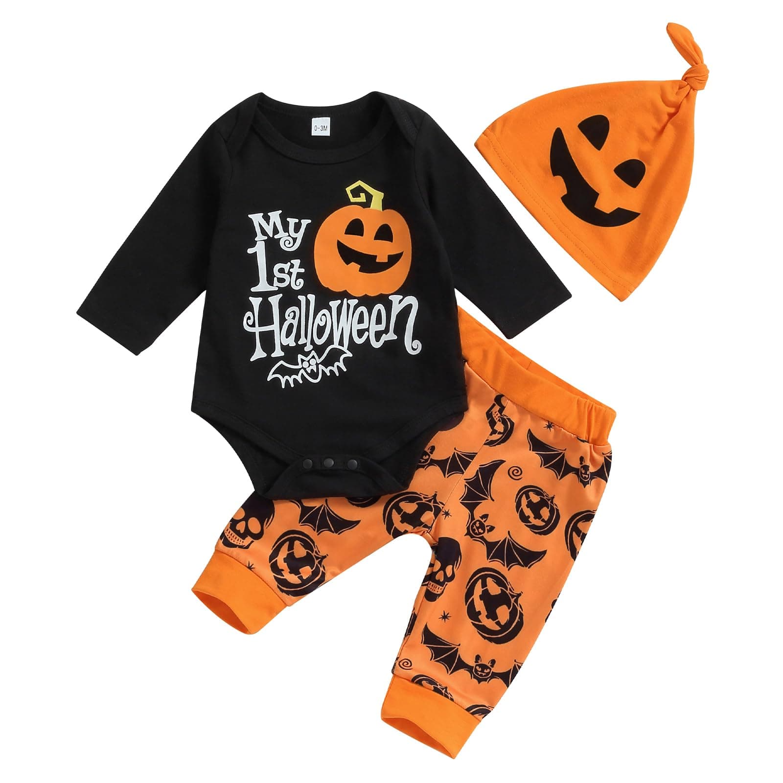 Geagodelia My 1st Halloween Baby Boys Girls Clothes Pumpkin 3pcs Outfits Newborn Infant Fall Romper Top Trouser Hat Set