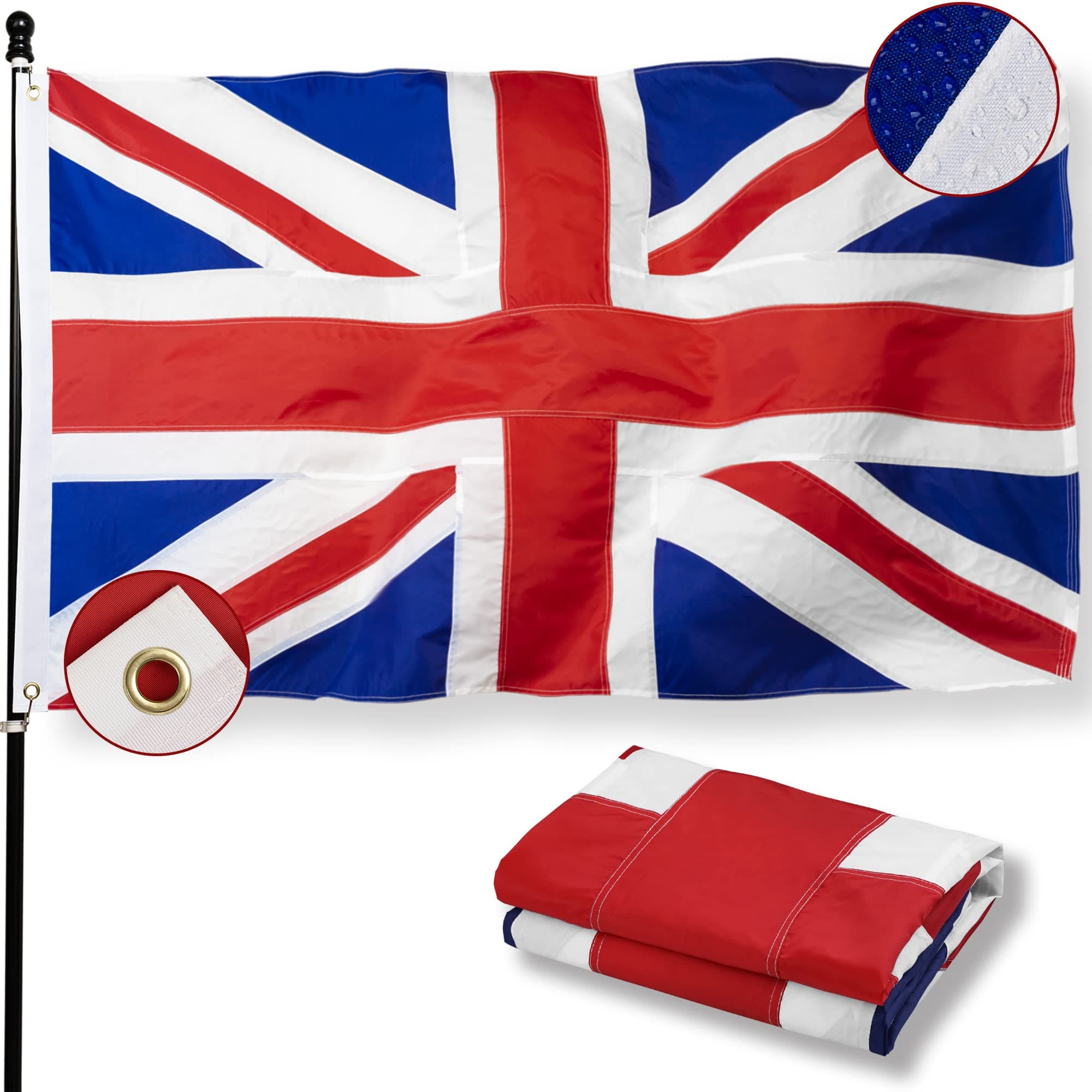 POZOY Deluxe 3x5 ft United Kingdom UK Flag For Outside British Union Jack Flags Longest Lasting, Double Sided, Heavy Duty Nylon, Sewn Stripes, Brass Grommets Perfect for Outdoors!