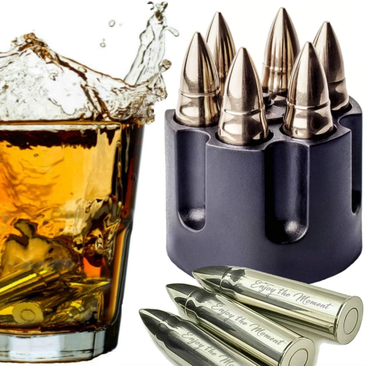 Whiskey Stones Large 6 Laser Engraved Stainless Steel Silver Chillers with Revolver Barrel Base Reusable Chilling Rocks Stone Ice Cubes Birth Day Gift Set for Father's Day, Military Man