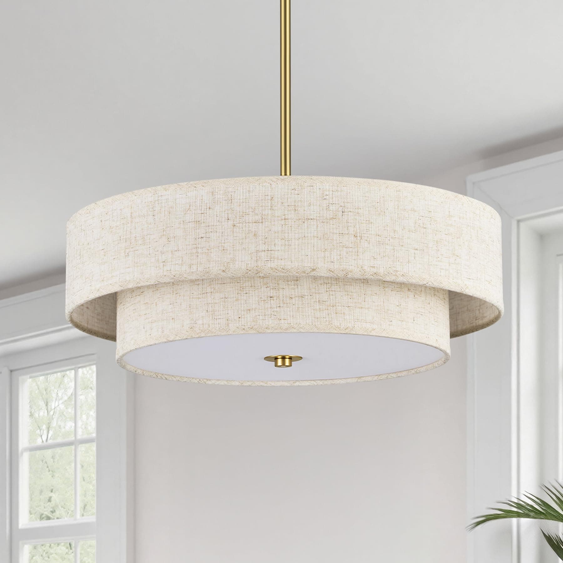 Modern Chandeliers, 18" Drum Chandeliers with 2-Layer Fabric Shade, 4-Light Pendant Light Fixture with E26 Bases, Light Fixture for Dining Room Bedroom Living Room, Linen Shade & Brass Finish