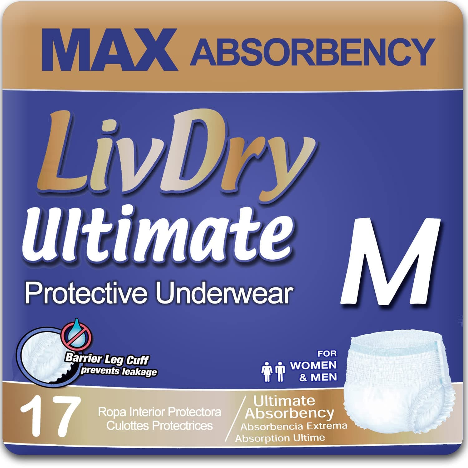 LivDry Adult Incontinence Underwear, Ultimate Comfort Absorbency, Leak Protection, Medium, 17-Pack