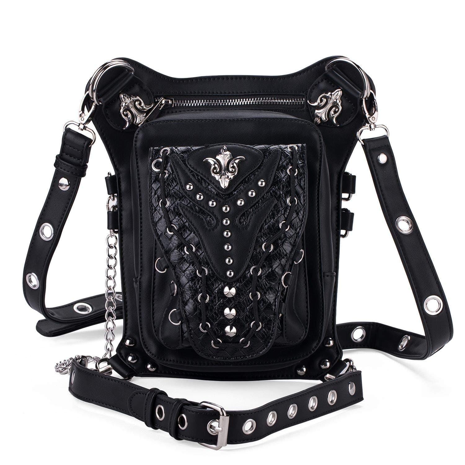 Cook shark Cestlafit Women Men Leather Steampunk Bag Vintage Shoulder Steampunk Handbag Gothic Waist Packs Leg Bag, Fleur de Lys & Diamond Texture, CFB004-6