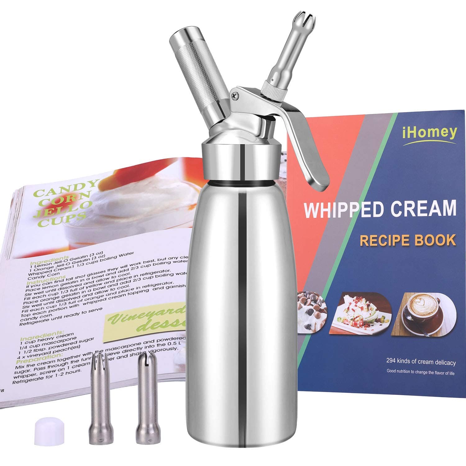 iHomey Whipped Cream Dispenser—Stainless Steel Leak-free Cream Whipper/Homemade Cream Maker/a Gourmet Recipe Book/Needs a Standard 8 Gram N2O Charger(1 Pint/500ml, Silver)