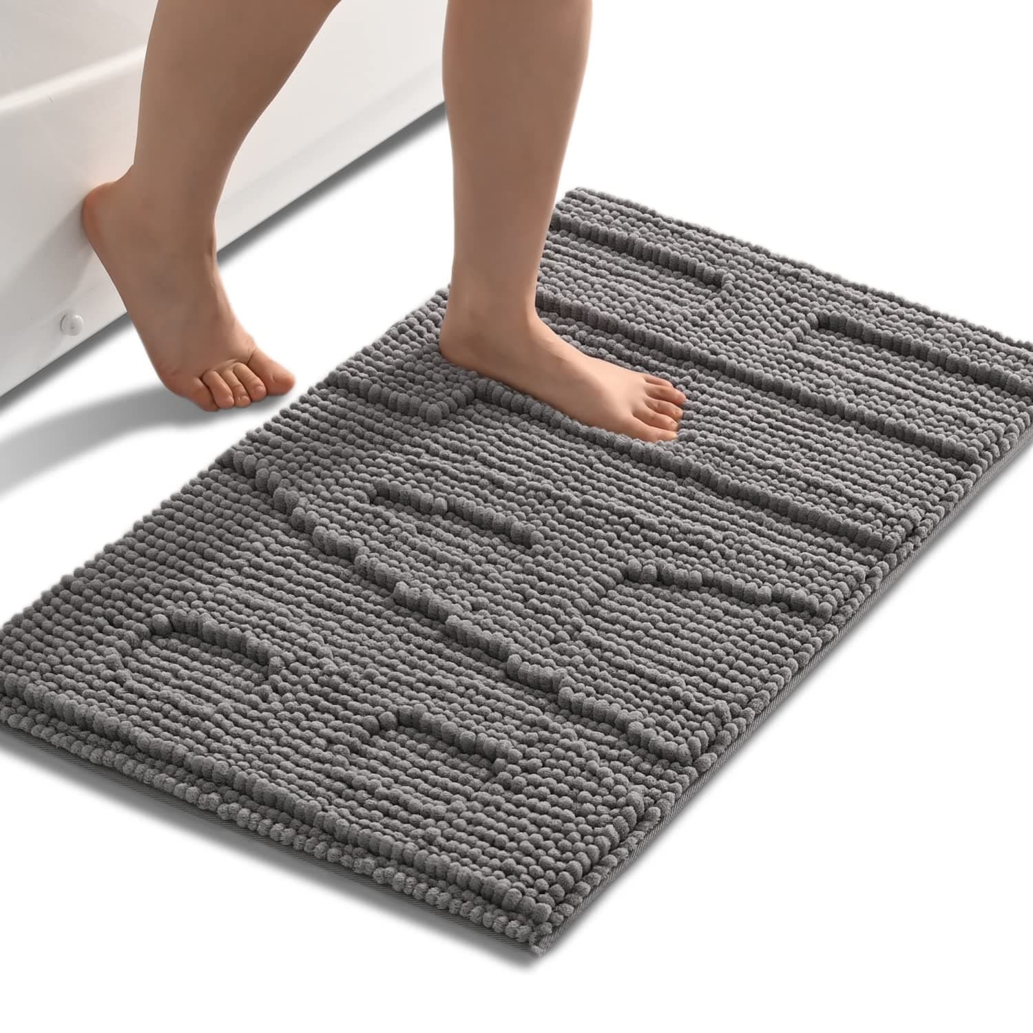 QJHOMO Gray Bathroom Rugs Chenille Bath Mats for Bathroom Non Slip Floor Mat, Thick Soft Shaggy Bath Rug, Super Absorbent Bathmat Quick Dry, Machine Washable Microfiber Rugs for Shower, 20 x 32 Inch