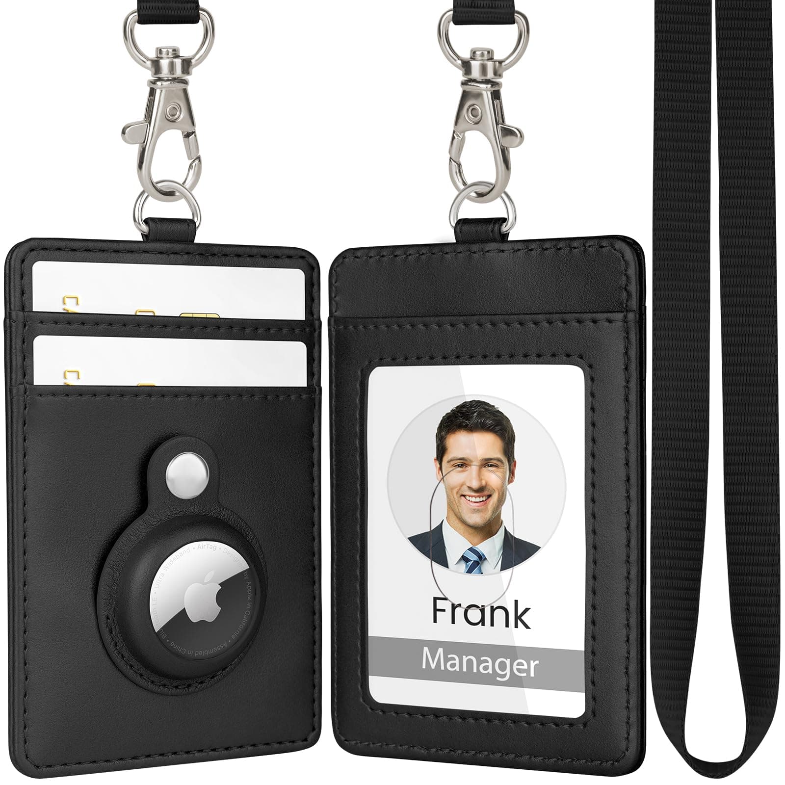 TALONITE AirTag Badge Holder, PU Leather ID Badge Holder with 1 Clear ID Window & 2 Credit Card Slot & 1 Detachable Neck Lanyard