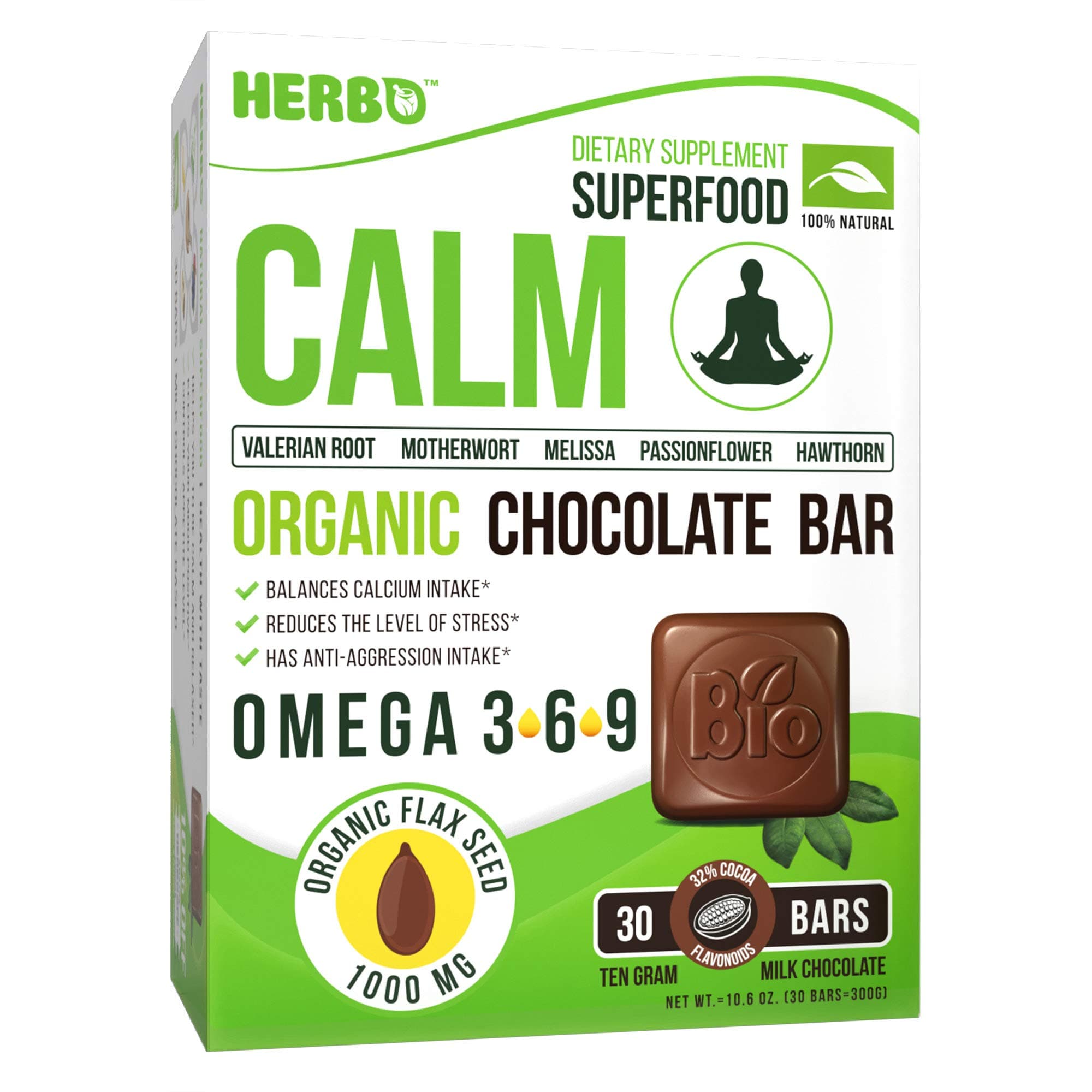 Calm Supplement in Organic Milk Chocolate by Herbo Superfood - To Relief Anxiety, Calms Nerves, Mind and Helps for Restful Sleep - Valerian Root, Melissa, Passionflower, Motherwort, Magnesium, Calcium