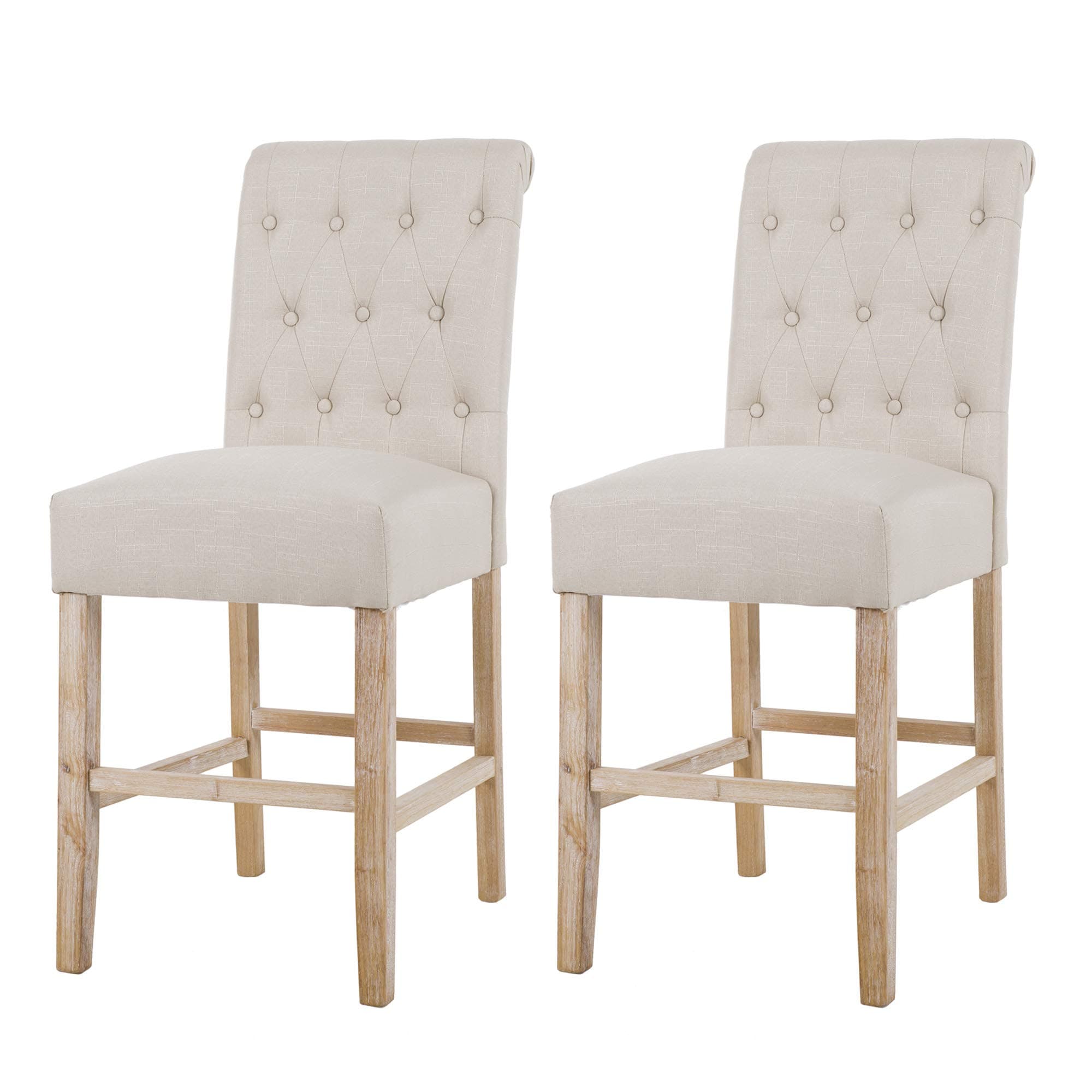 NOBPEINT Fabric Upholstered Barstool Dining Chair Solid Wood Legs 24", Tan(Set of 2)