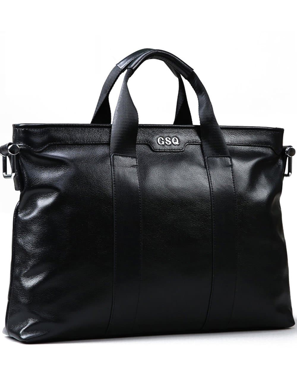GSQ Mens Soft Genuine Leather Briefcase Laptop Shoulder Messenger Bag Fits 14 Inch Black