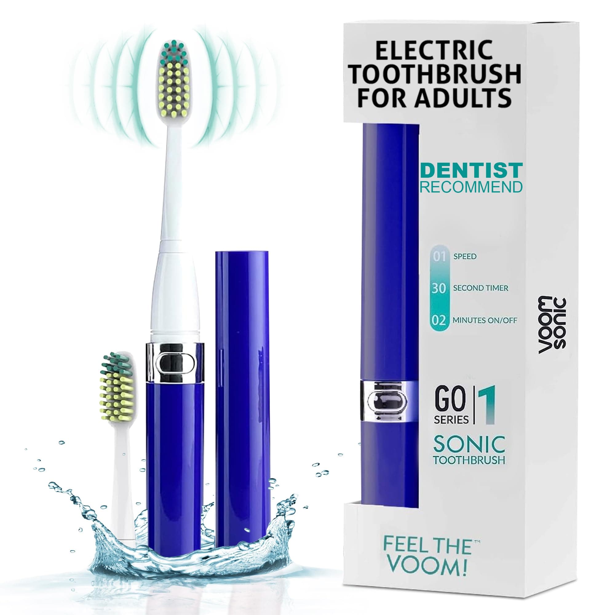 Voom Sonic Go 1 Series Battery-Operated Electric Toothbrush | Dentist Recommended | Portable Oral Care | 2 Minute Timer | Light Weight Design | Soft Dupont Nylon Bristles | Royal Blue