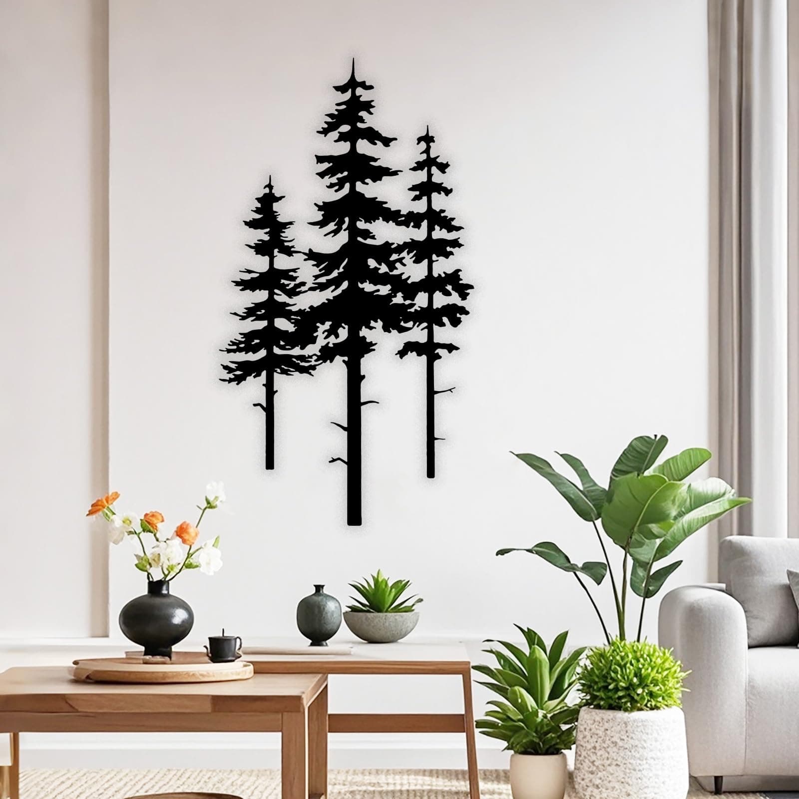 Metal Pine Tree Wall Art Decor, Nature Home Decor, Cedar Trees Metal Sign, Wall Decorations for Living Room, Forest Decor, Nature Lover Gift (Black, Small)