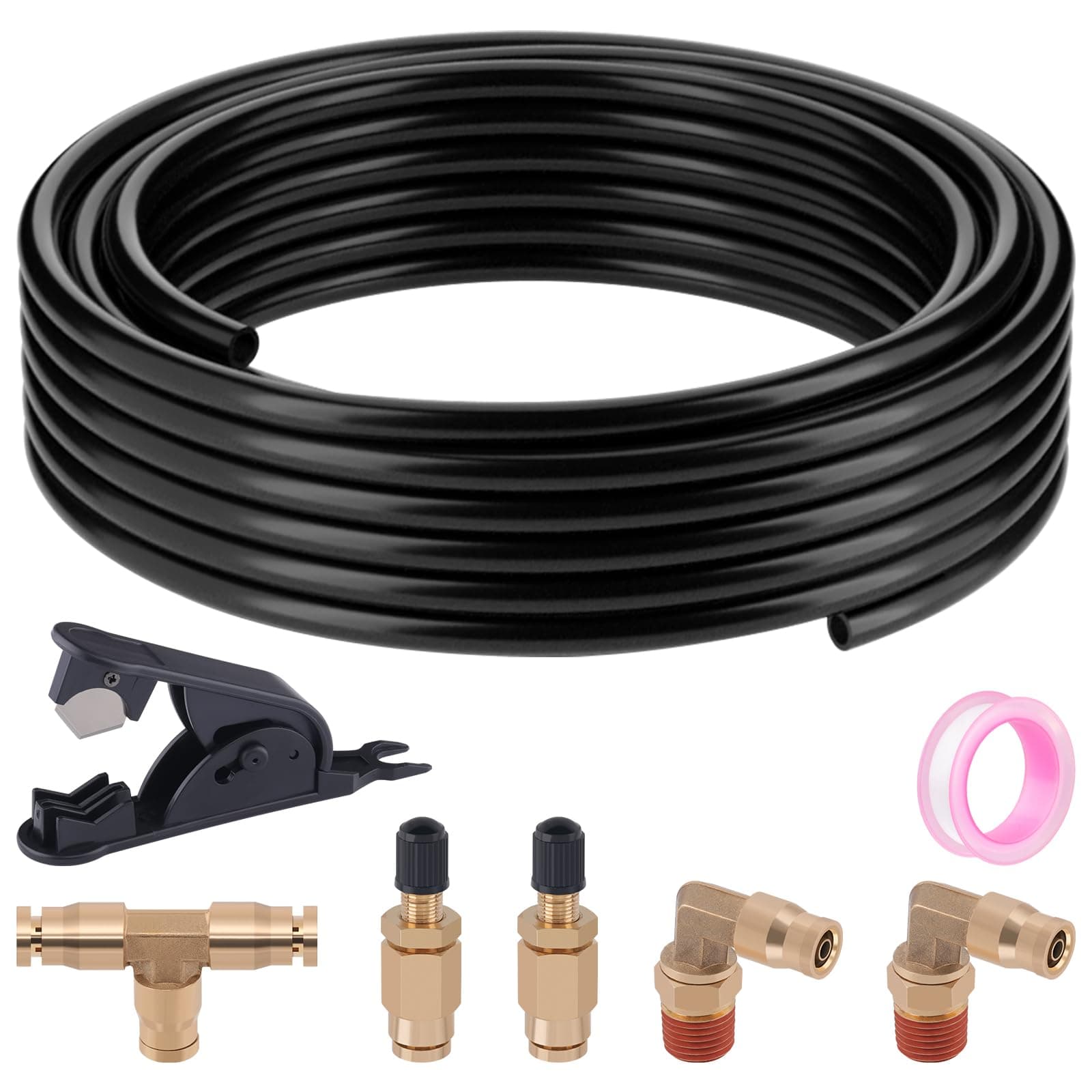 Taiidaues Air Suspension Kit - Black PU Air Tubing, 30 FT, 1/4"OD, 1/6"ID, 120 PSI, with Fittings, Schrader Valves, Brass Elbows, Tee, Cutter, Thread Seal Tape, Easy Install Guarantee