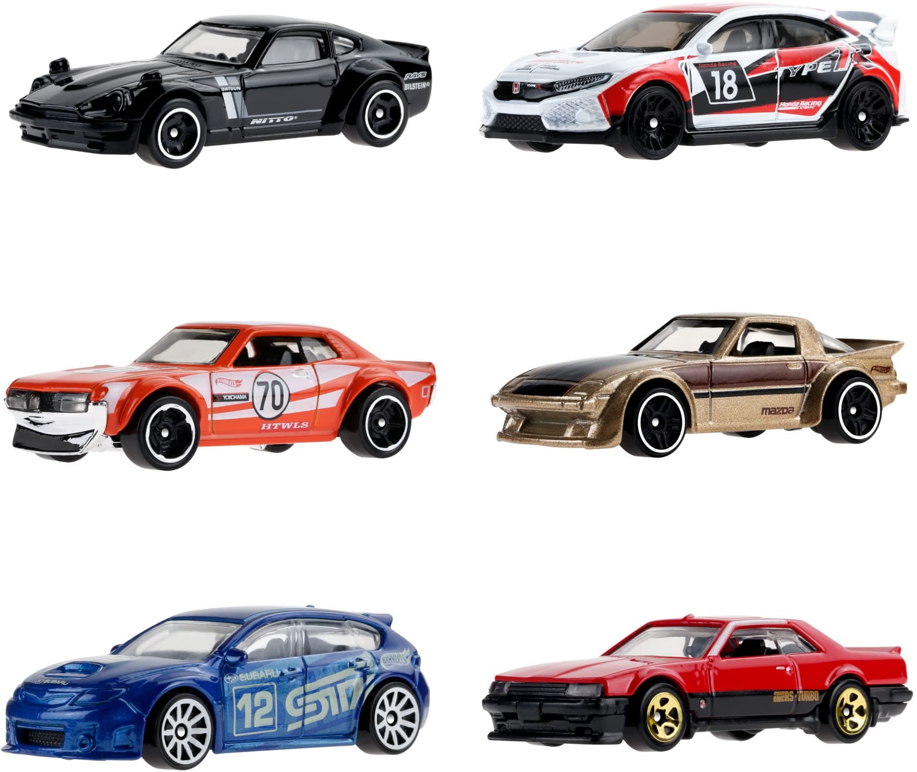 6 Pack Custom Datsun 240z, 2018 Honda Civic Type R, '70 Toyota Celica, Mazda RX-7, Subaru WRX STi, and '82 Nissan Skyline