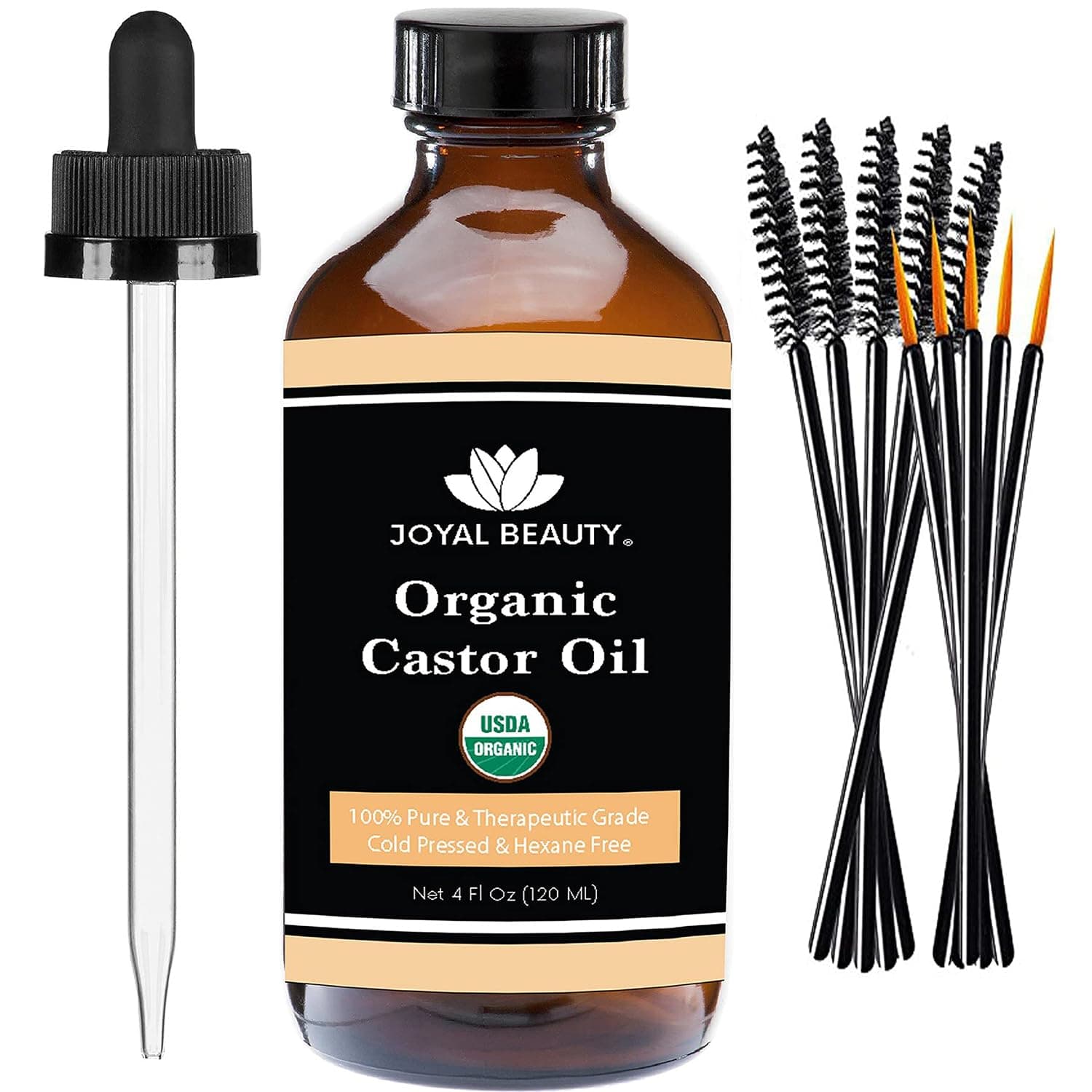 Castor Oil (120 ML) USDA Certified Organic 100% Pure Cold-Pressed Hexane-free Premium Quality for Hair Growth, Eyelashes, Eyebrows, Beard and Skin by Joyal Beauty. Bonus FREE Mascara Kit Included