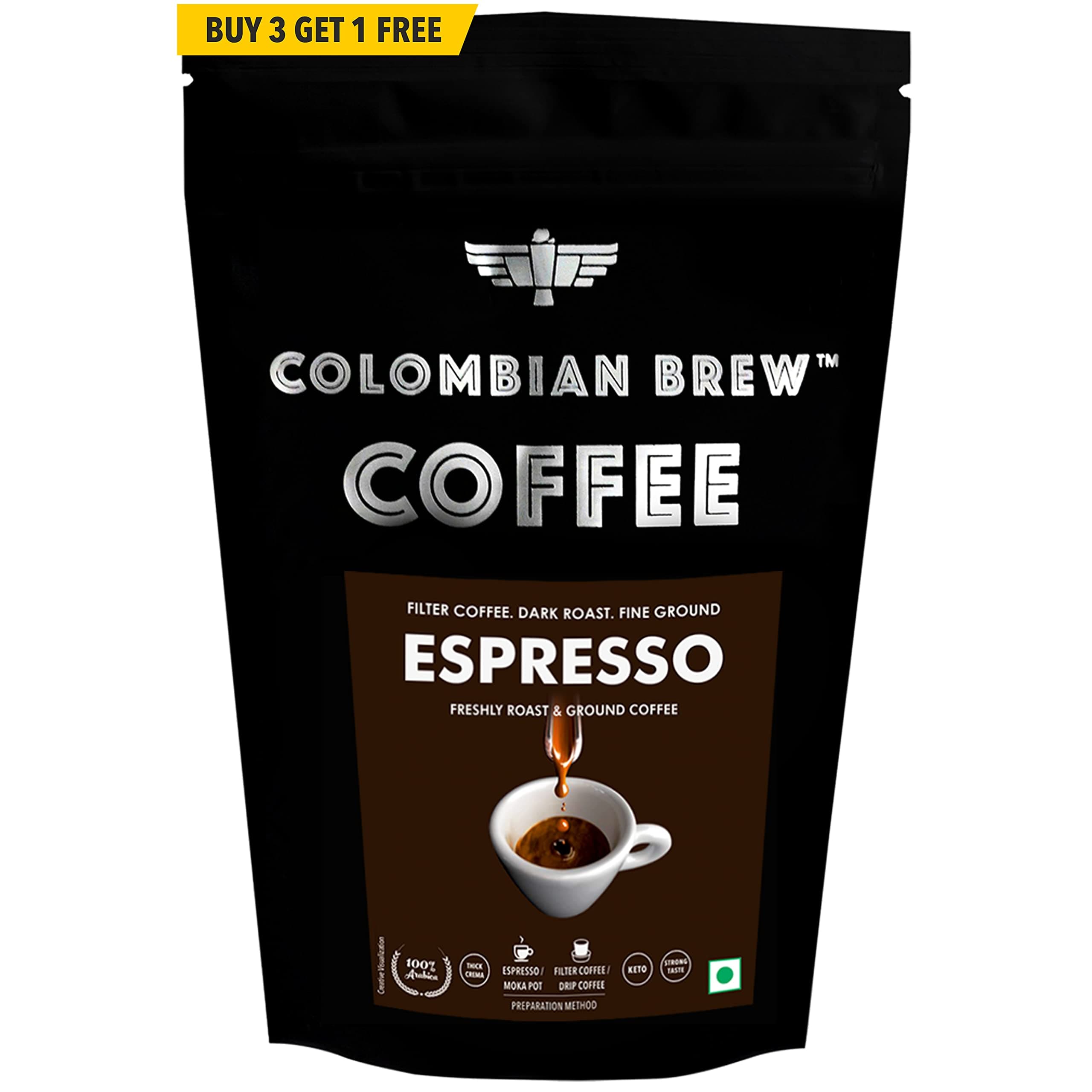 Colombian Brew Arabica Espresso Filter Coffee Powder, Roast & Ground Strong, 250g Buy 3 Get 1 Free