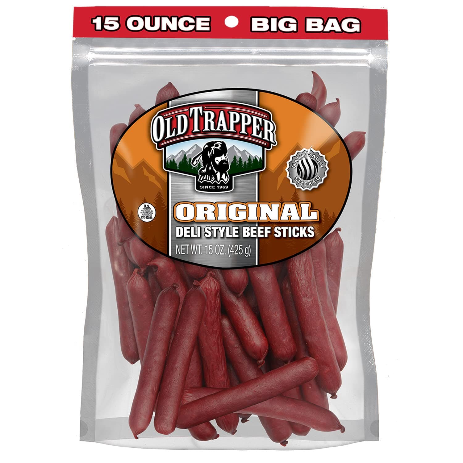 Old Trapper Original Deli-Style Beef Sticks,15-Ounce Package, Perfect for On-the-Go Snacking, Six Grams of Protein and Zero Grams of Sugar per Serving (Pack of One)