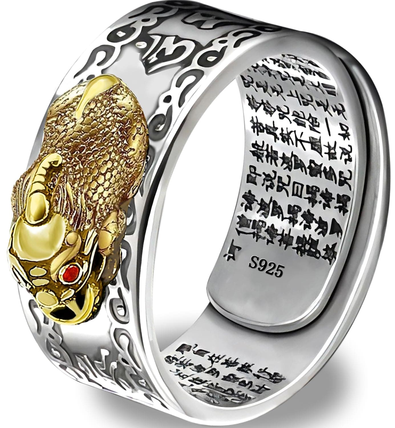 JAJAFOOK 990 Sterling Silver FENG Shui PIXIU MANI Amulet Lucky Wealth Buddhist Jewelry Adjustable Ring